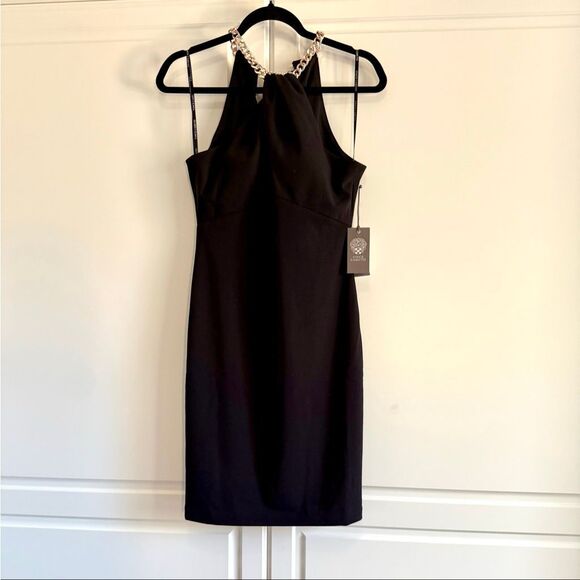 NWT Vince Camuto gold color chain halter neck mini cocktail dress in black Size - Picture 6 of 16